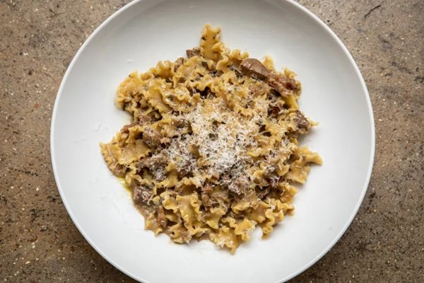 Mafalda corta with duck liver and pancetta