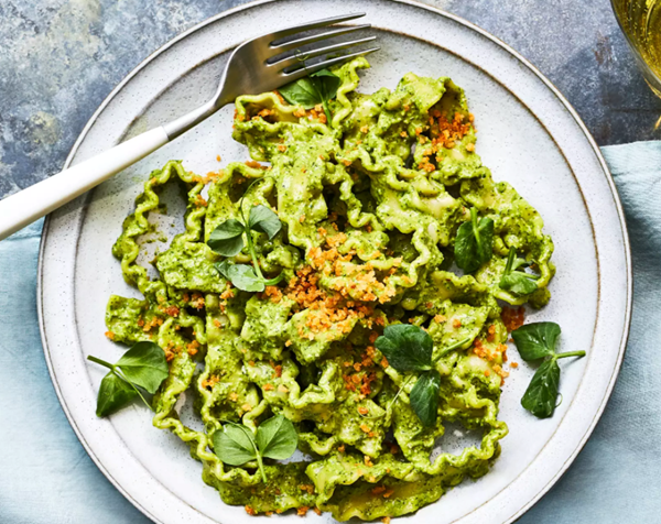 Mafaldine with pea shoot-Meyer lemon pesto