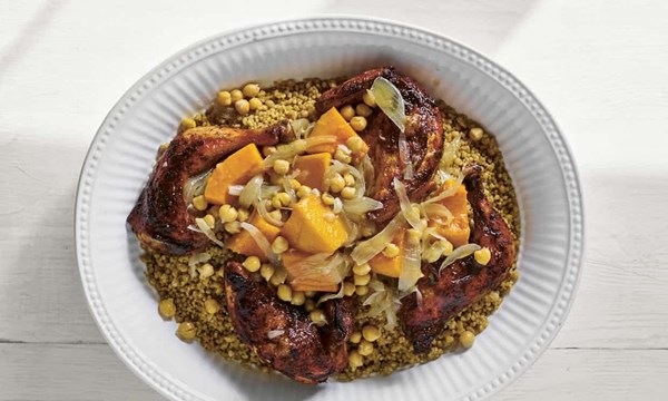 Maftool with butternut, chickpea, and chicken stew