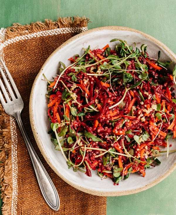Magenta quinoa with beets and microgreens