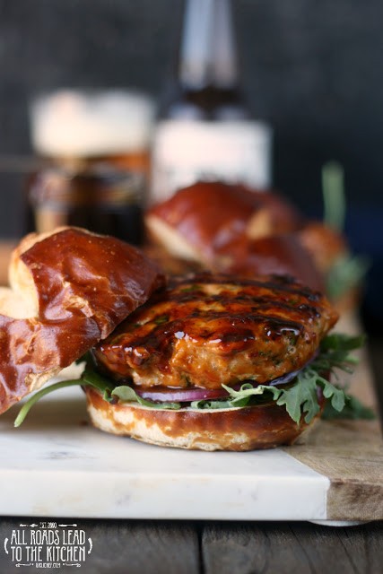Mahi mahi burgers glazed with IPA-hoisin barbecue sauce