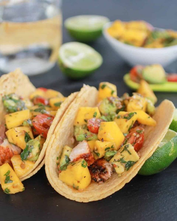 Mahi mahi fish tacos with chipotle mango salsa