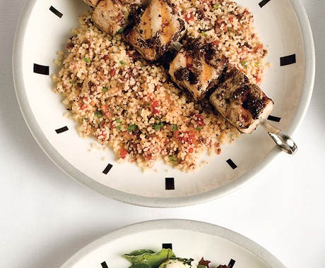 Mahi-mahi skewers with tapenade and couscous