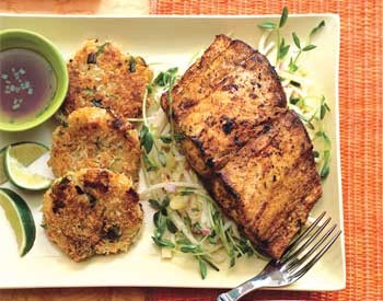 Mahi-mahi with lemongrass slaw and rice fritters