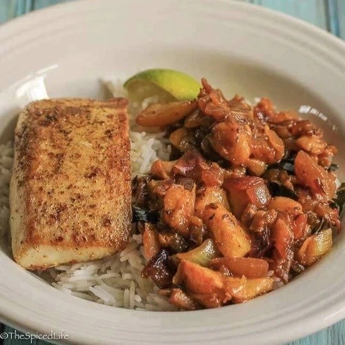Mahi mahi with stewed peaches [The Spiced Life]