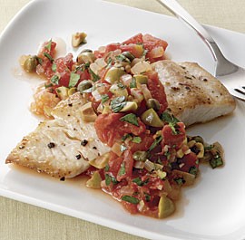 Mahi mahi with tomato, olive, and caper sauce