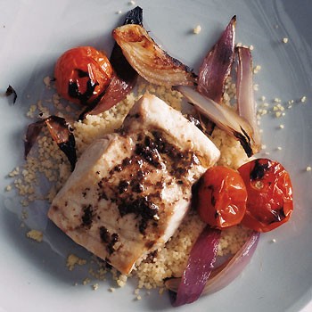 Mahimahi with charred onion, tomatoes, and tapenade vinaigrette