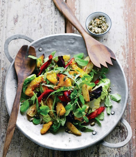 Main course roast vegetable salad with greens