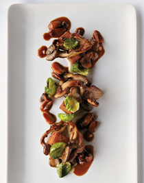 Maitake mushrooms with braised peanuts, pommes Dauphine & Brussels sprouts