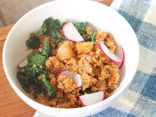 Make-ahead harissa couscous with pear, kale, and lemon