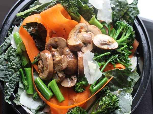 Make-ahead marinated mushrooms with kale, shaved carrots and Parmesan