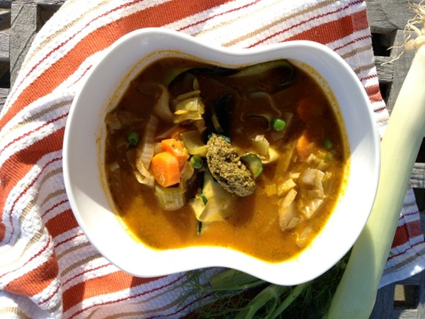 Make-ahead spring vegetable soup with pesto