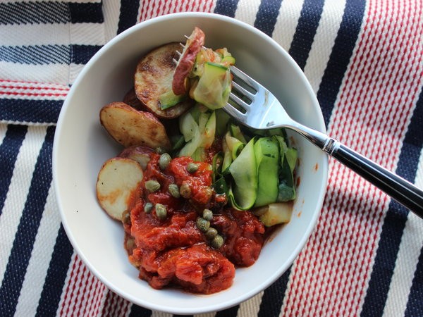 Make-ahead zucchini and roasted potato puttanesca 