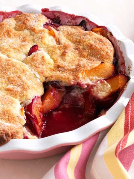 Make new friends plum cobbler (Fresh-baked cobbler with ripe plums and sweet buttermilk crust)
