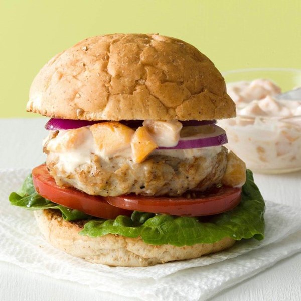 Makeover turkey burgers with peach mayo