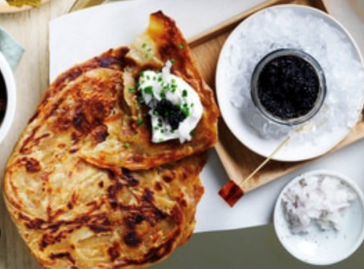 Malawach with labneh and caviar