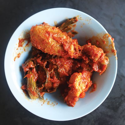 Malay-style red-cooked chicken with pandan (Ayam masak merah)