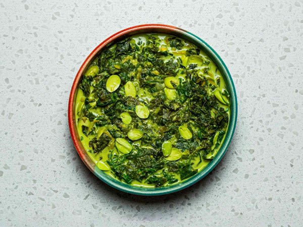 Malaysian fiddleheads and fava beans in spicy coconut milk