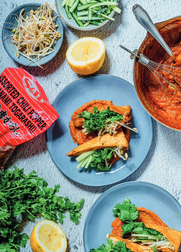 Malaysian vegetable-stuffed tofu with spicy peanut sauce