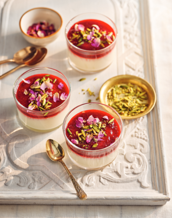 Malebi with rose water, raspberry reduction and pistachios