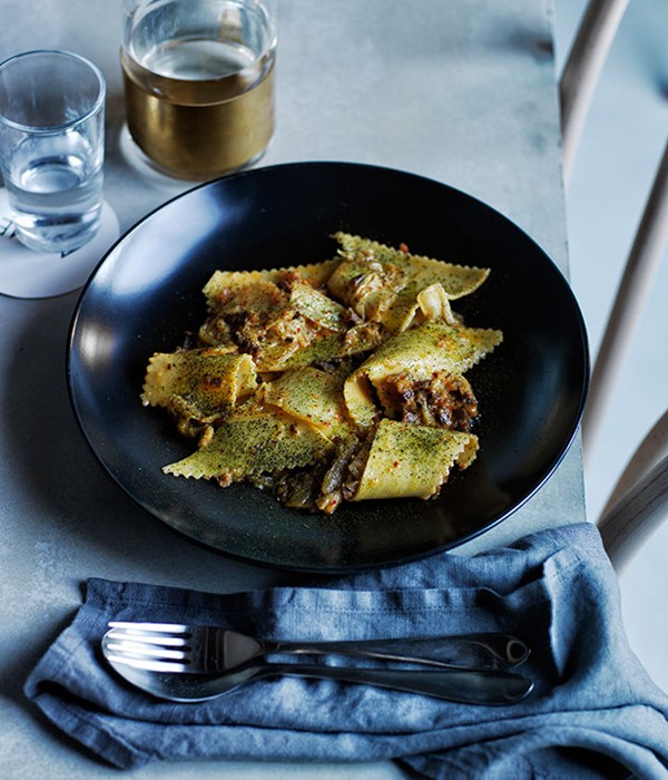 Maltagliati with washed kimchi and guanciale
