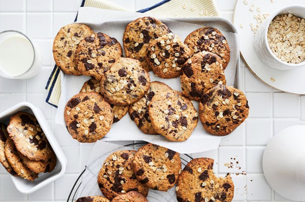 Malted choc chip and oat cookies
