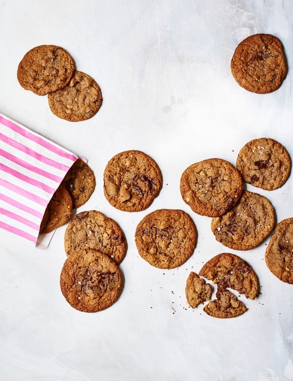 Malted chocolate, walnut & salt cookies