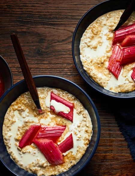 Malted milk porridge with bay-scented roasted rhubarb