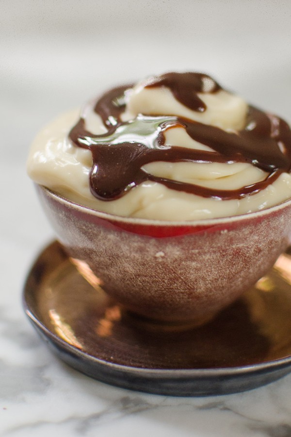 Malted milk pudding with hot fudge sauce