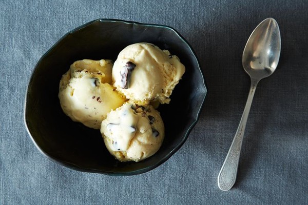 Malted vanilla ice cream with chocolate-covered pretzels