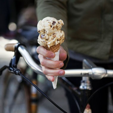 Malted vanilla ice cream with peanut brittle and milk chocolate pieces