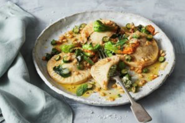 Maltese-style ricotta ravioli with zucchini flowers in brown butter sauce
