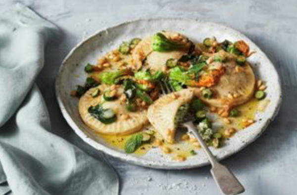 Maltese-style ricotta ravioli with zucchini flowers in brown butter sauce