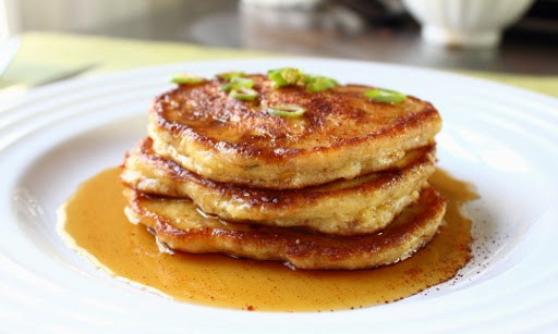 Mancakes (Bacon, green onion, & cheddar corn pancakes)