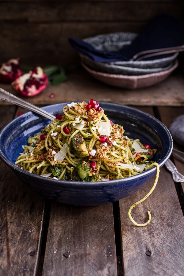Manchego Brussels sprout + prosciutto spaghetti w/brown butter pistachio pangrattato