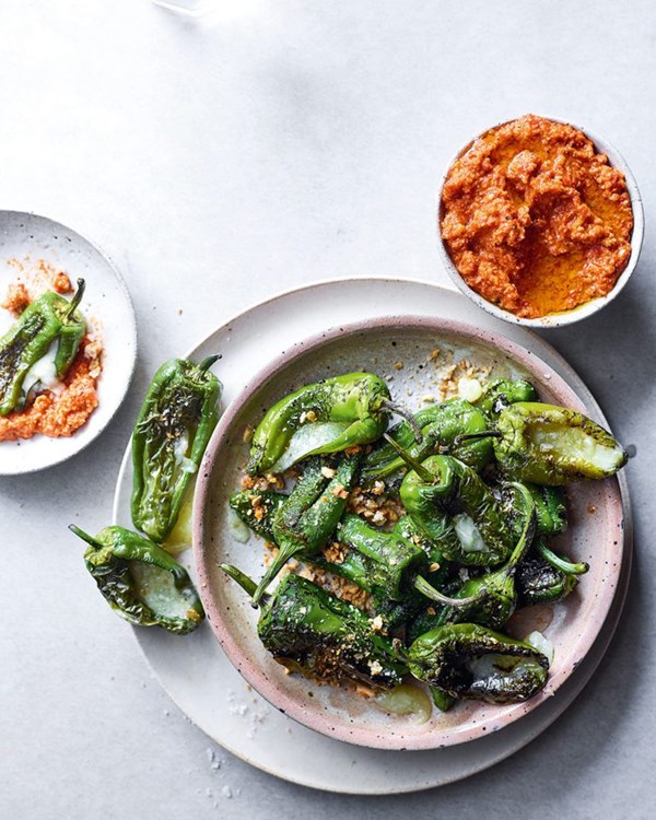 Manchego-stuffed Padrón peppers with romesco dip [Patrick McGuigan]