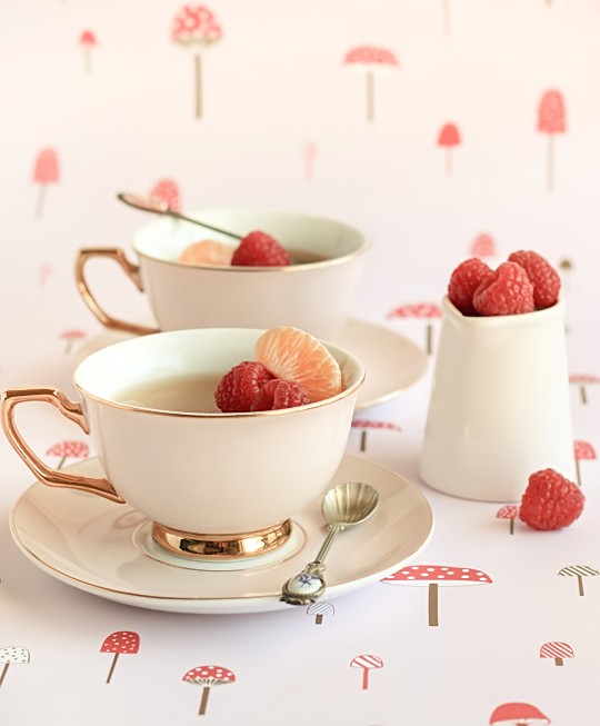 Mandarin & jasmine tea cup jellies with raspberries