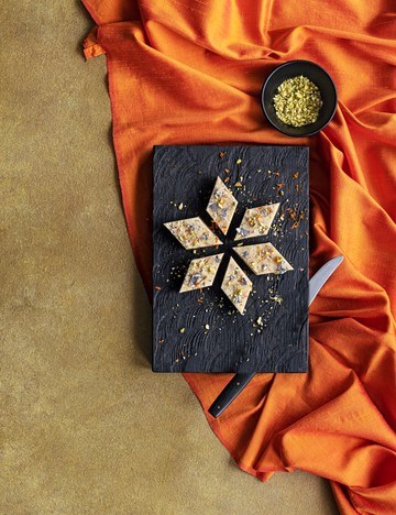 Mandarin and pistachio kaju burfi