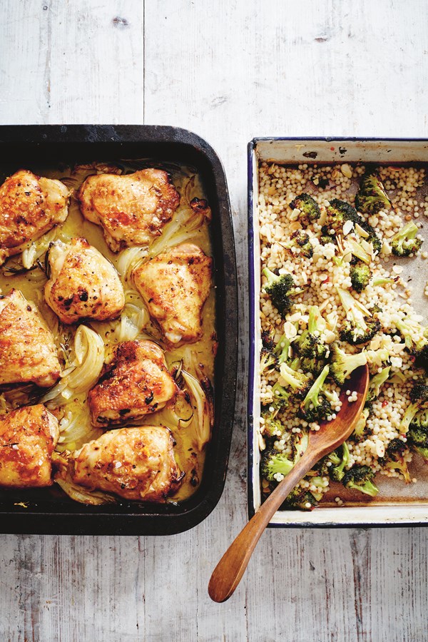 Mandarin chicken with giant couscous and charred broccoli