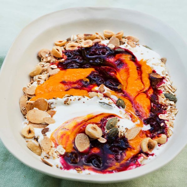 Mango and blackcurrant breakfast bowl