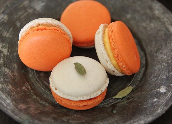 Mango and cardamom filled macarons