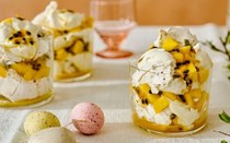 Mango and passionfruit mess with basil and pistachios