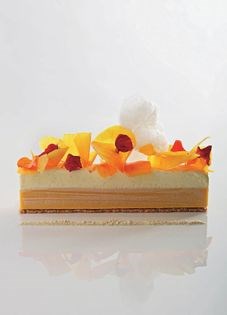 Mango and vanilla with sesame brittle, yuzu sherbet and nasturtiums