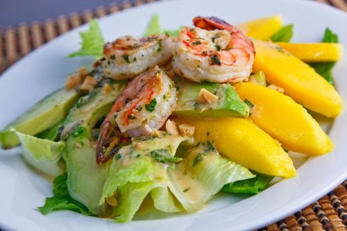 Mango, avocado and grilled shrimp salad with a peanut dressing