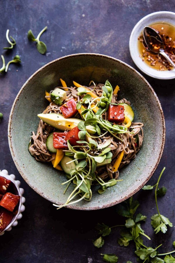 Mango avocado soba noodles with sesame salmon poke