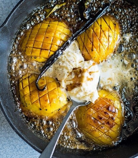 Mango baked in coconut sugar and kaffir lime with coconut ice cream