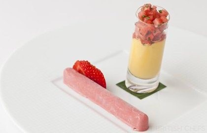 Mango baked yoghurt, melon-mint salsa, and strawberry cream fingers
