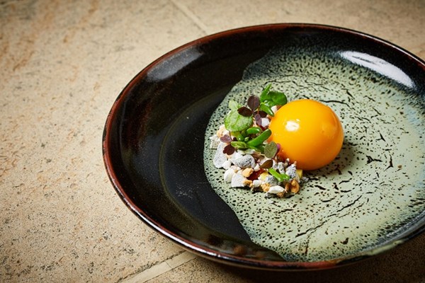  Mango Bavarois with sea buckthorn and meringue