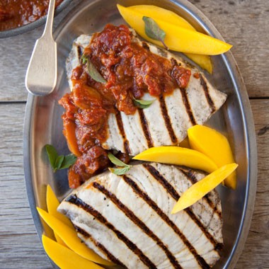 Mango BBQ'd-grilled swordfish