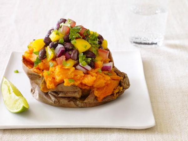 Mango black bean stuffed potatoes